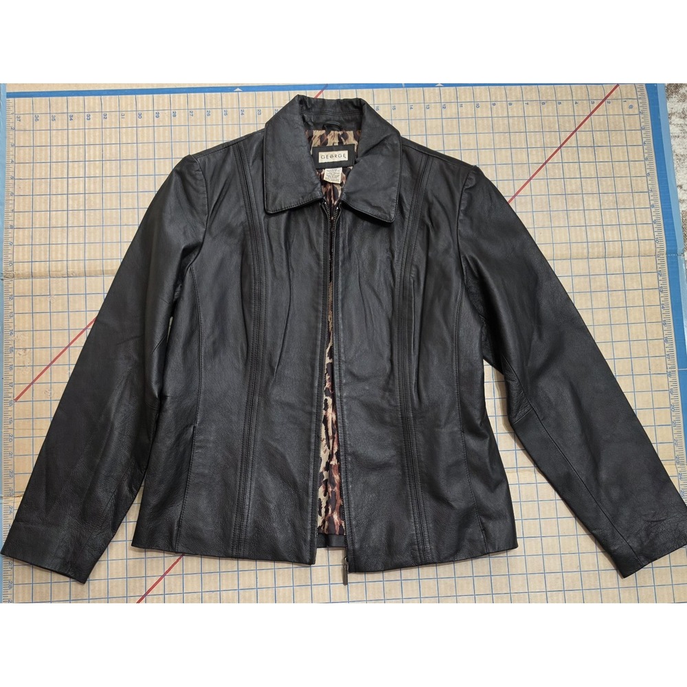 TITLEGeorge Women's M Black Genuine Leather Jacket Zip Front Y2K Fitted 8/10 - Picture 2 of 6
